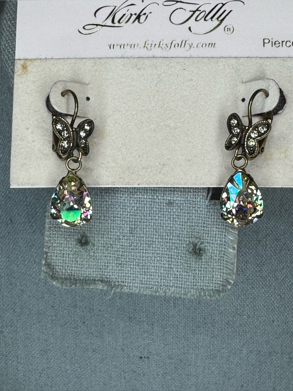 Vtg Kirks Folly Earrings Crystal Teardrop Dangle Butterfly Brass Tone